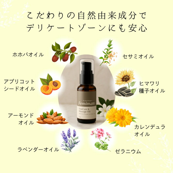 プライバシー梱包 デリケートゾーン オイル 30ml フェミメイト フェムケア マッサージオイル オーガニック 100% 天然由来 日本製 会陰 マッサージ 妊娠線 ケア 保湿 VIO バスト ヒップ 乾燥 妊婦 産後 ラベンダー ゼラニウム Femimate 2
