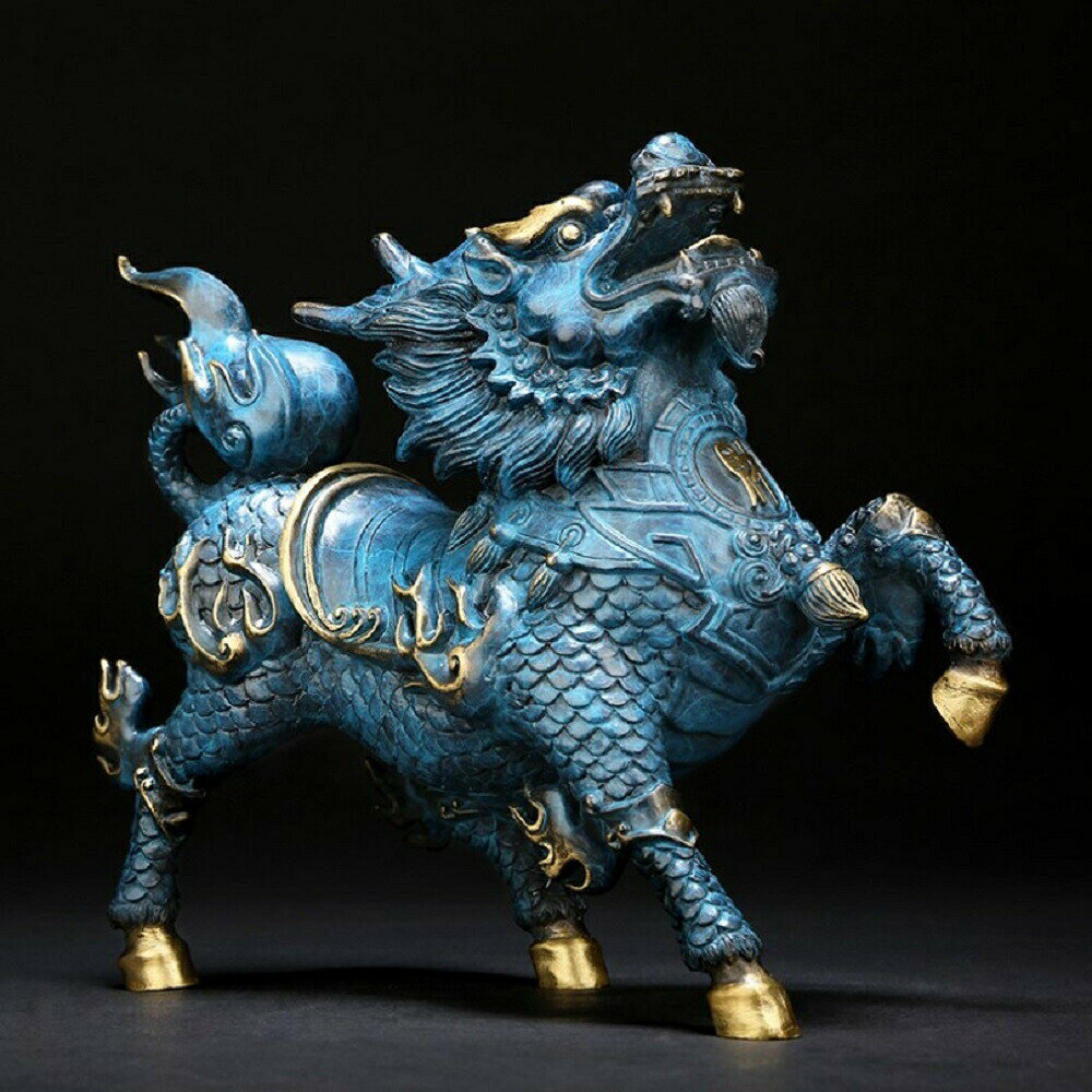 幸運を呼ぶ飾りに最適 銅製 麒麟 置物 約15×13×6cm 約1000g インテリア 風水 開運