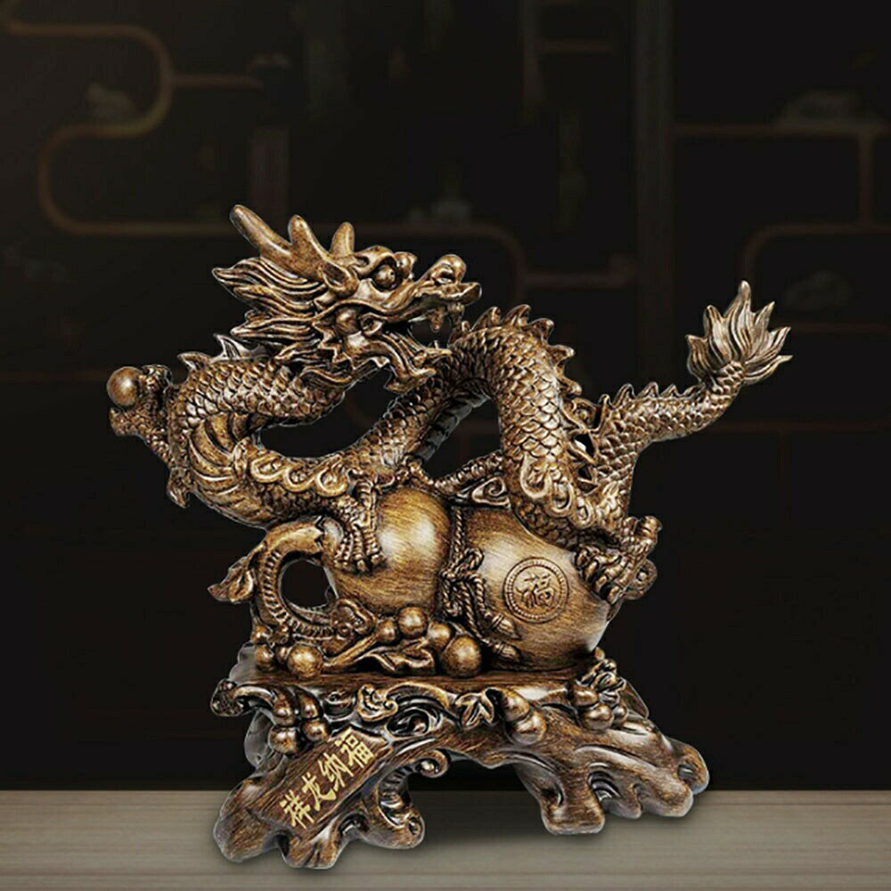 玄関に映える威厳の龍 レジン製 風水 竜と瓢箪の置物 特大 高さ36cm 幅41cm 約2.8kg 全1色 玄関/リビング/店舗
