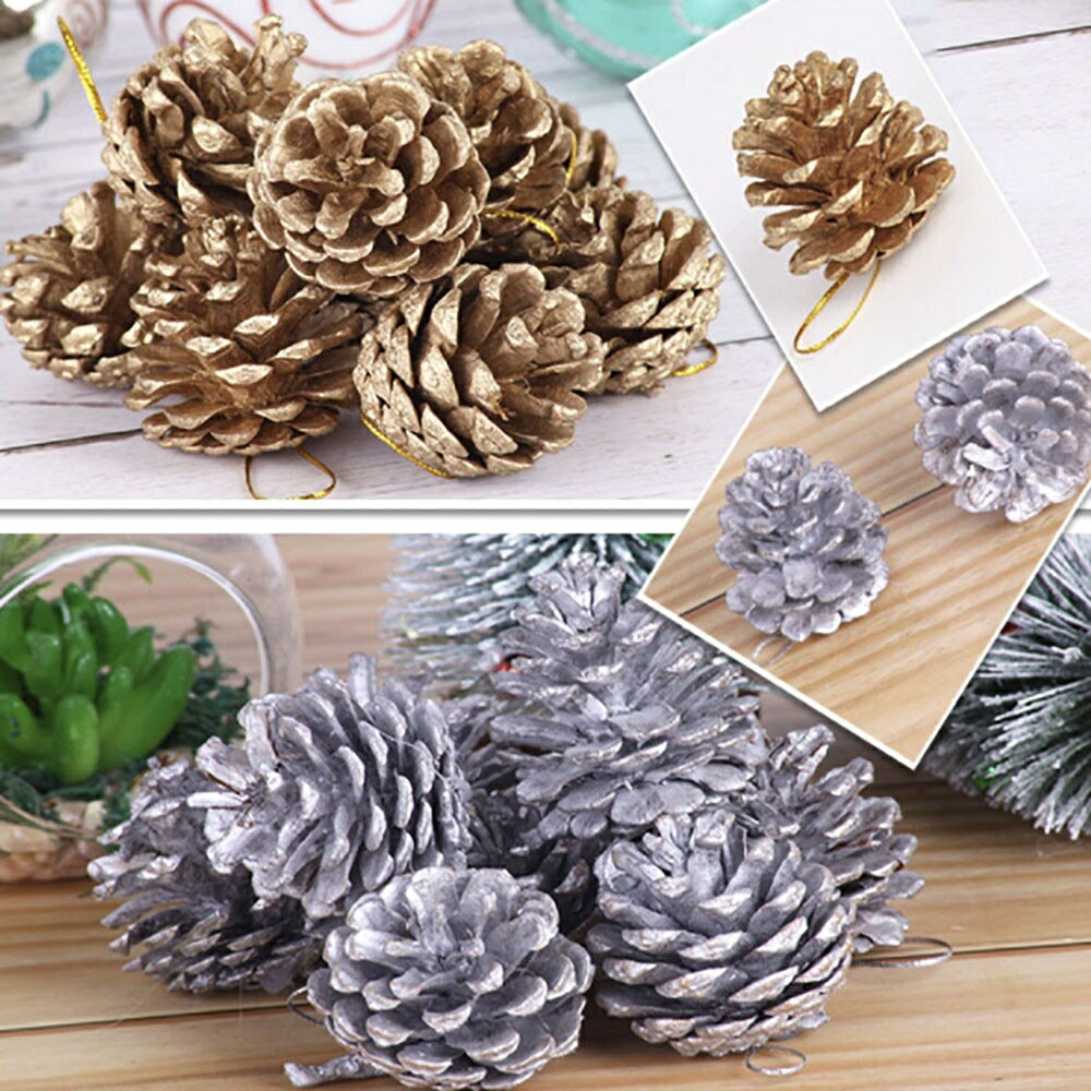 簡単に華やぐクリスマス飾り 松ぼっくりオーナメント 6点セット 天然素材 約5.5cm×約4cm×約4cm 全2色 ゴールド/シルバー ツリー 壁飾り