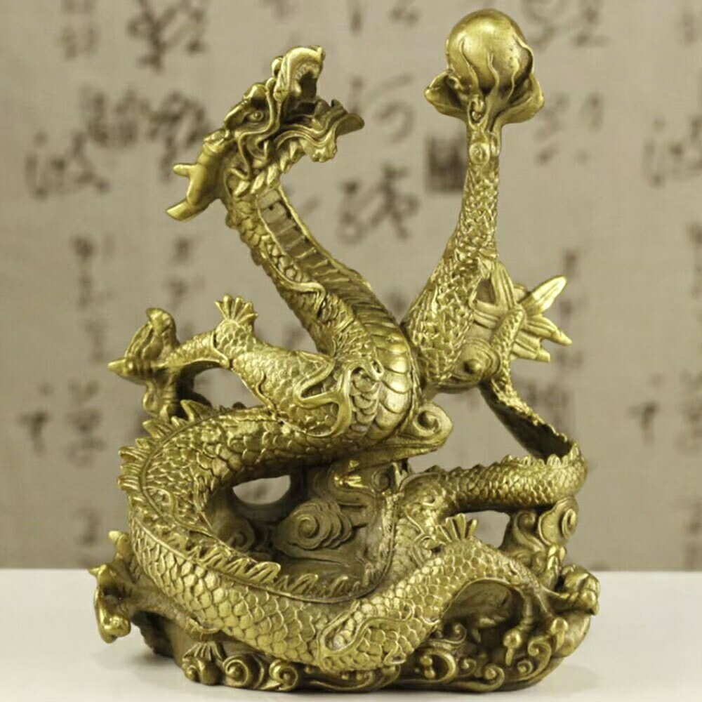 金運・出世を後押しする 真鍮製 竜の置物 左手に玉 五本爪 高さ約19cm ブロンズゴールド 風水 玄関