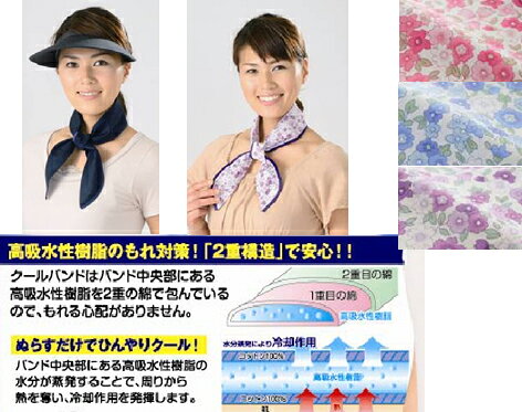 ★水につけるだけ！ 首元ひんやり！ 水に1～2分浸けるだけで、ひんやり快適！＊バンド中央部にある高吸水性樹脂の水分が蒸発することで周りから熱を奪い冷却作用を発揮します。＊バンド中央部にある高吸水性樹脂は、2重の綿で包んでいるので漏れの心配はありません。＊スカーフタイプで、お洒落に着用頂けます。＊暑い夏を、ひんやり快適に過ごせます。【サイズ・容量】約 6×97cm / 約 24.3×12.5×0.5cm / 約 23g / 約 32g約 6×97cm / 約 24.3×12.5×0.5cm / 約 23g / 約 32g約 6×97cm / 約 24.3×12.5×0.5cm / 約 23g / 約 32g約 6×97cm / 約 24.3×12.5×0.5cm / 約 23g / 約 32g【規格】生地：綿 100%内部：高吸水性樹脂（アクリル酸ポリマー）カラー : ネイビー、ピンク系、パープル系、ブルー系