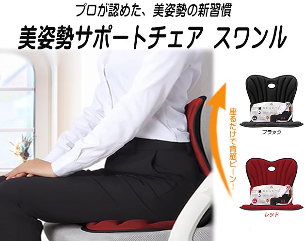 ★長時間の座り仕事による姿勢の崩れを防ぎ、正しい姿勢へ導く！★長時間の座り仕事による姿勢の崩れを防ぎ、正しい姿勢へ導く！＊日頃からの美姿勢をサポート！座るだけで自然に姿勢を正しい方向へ導く3D設計！＊通気性に配慮した3Dモールディング人間工学に基づいた立体形状が快適で自然な姿勢を維持します。＊テコの原理により美しい姿勢に導く素材の適度な弾力が座ることで自然に背面を押し出し、美しい姿勢を保ちます。＊座面と背面にはクッション加工が施させ、長時間座っていても蒸れにくい通気形状！【サイズ・容量】現品サイズ【規格】＜材質＞ポリプロピレン、ウレタンフォーム耐荷重：約100kg(静的荷重)＜カラー＞ブラック、レッド◇スポーツトレーナー、伊藤秀雄先生推奨クローバー治療院グループクローバー鍼灸接骨院、院長プロスポーツの大勝負を陰で支え続けて25年。大相撲・野球・ボクシング・柔道など、数多くのアスリートのケアを行うプロトレーナー。腰や肩の痛みは日頃の姿勢の悪さから影響が出ることがあります。本品のバックサポート形状は正しい姿勢を保つことで疲れにくく、美しい体型作りに役立つと思います。