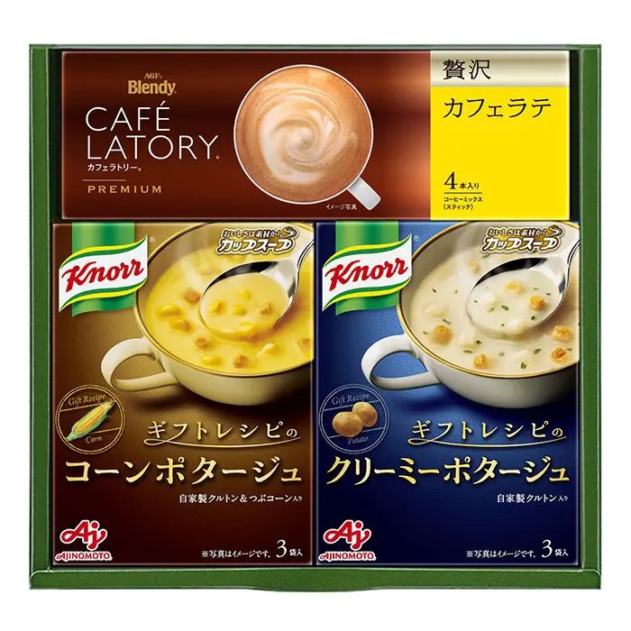 朝食や間食時など様々なシーンでお子様から大人まで幅広く楽しんでいただける〈ギフトレシピ〉のスープとスティックコーヒーの詰め合わせです。■内容量：「クノール カップスープ」ギフトレシピのコーンポタージュ（3袋入）57g×1、「クノール カップスープ」ギフトレシピのクリーミーポタージュ（3袋入）49.8g×1、「ブレンディ カフェラトリー」スティック プレミアム 贅沢カフェラテ 4P×1■アレルギー：乳・小麦■保存方法：常温■賞味期限：お届け時点で225日以上■サイズ：206×195×45mm（パッケージサイズ）■JANコード：4901111688827販売期間：～2027年2月末商品終売や変更につきましては、1か月前にメルマガおよび新着情報にてご案内いたします。 ※やむを得ない事情により、事前のご案内なしで終売・変更となる場合もございます。あらかじめご了承ください。