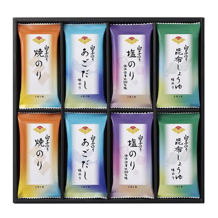 白子のりの独自の技術により、のりに含まれる栄養素をそこなうことなく、いつでも採れたての美味しさと品質を保持しています。■内容量：焼のり（8切5枚）×4、あごだし味のり（8切5枚）×4、塩のり（8切5枚）×4、昆布しょうゆ味のり（8切5枚）×4■アレルギー：小麦・えび■保存方法：常温■賞味期限：お届け時点で365日以上■サイズ：340×325×45mm（パッケージサイズ）■JANコード：4901673016335販売期間：～2027年2月末商品終売や変更につきましては、1か月前にメルマガおよび新着情報にてご案内いたします。 ※やむを得ない事情により、事前のご案内なしで終売・変更となる場合もございます。あらかじめご了承ください。