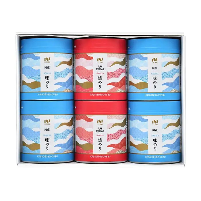 普段使いにおすすめの卓上商品詰合せセット。焼きのりは、九州有明海産原料を使用、味のりは、全国各地で選別された乾のりを使用し、魚介のうま味を活かした味付です。■内容量：味のり卓上10切80枚（板のり8枚）×4、焼のり卓上10切80枚（板のり8枚）×2■アレルギー：小麦・えび■保存方法：常温■賞味期限：お届け時点で360日以上■サイズ：245×305×106mm（パッケージサイズ）■JANコード：4902122081713販売期間：～2027年2月末商品終売や変更につきましては、1か月前にメルマガおよび新着情報にてご案内いたします。 ※やむを得ない事情により、事前のご案内なしで終売・変更となる場合もございます。あらかじめご了承ください。
