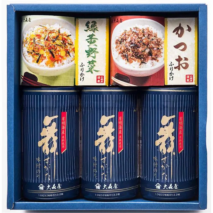 有明海産の味付卓上のりと、人気のふりかけを詰合せたお手軽ギフトです。■内容量：味付のり（10切32枚）×3、緑黄野菜ふりかけ・かつおふりかけ 各（2.5g×10袋）×1■アレルギー：卵・乳・小麦・えび■保存方法：常温■賞味期限：お届け時点で270日以上■サイズ：253×253×81mm（パッケージサイズ）■JANコード：4901191395424販売期間：～2027年2月末商品終売や変更につきましては、1か月前にメルマガおよび新着情報にてご案内いたします。 ※やむを得ない事情により、事前のご案内なしで終売・変更となる場合もございます。あらかじめご了承ください。