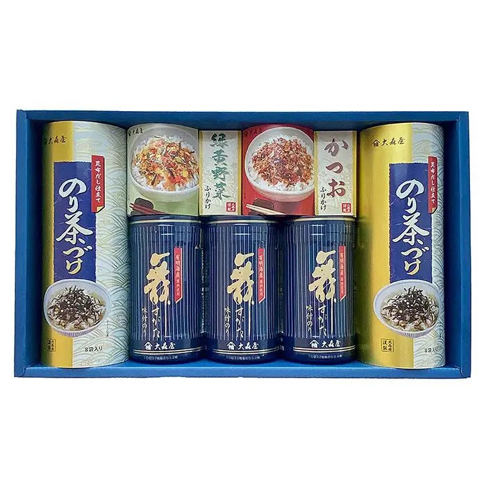 有明海産の味付卓上のりと、人気のお茶づけ、ふりかけの詰合せです。■内容量：味付のり（10切32枚）×3、のり茶づけ（5.4g×8袋）×2、緑黄野菜ふりかけ・かつおふりかけ 各（2.5g×10袋）×1■アレルギー：卵・乳・小麦・えび■保存方法：常温■賞味期限：お届け時点で270日以上■サイズ：249×419×89mm（パッケージサイズ）■JANコード：4901191395431販売期間：～2027年2月末商品終売や変更につきましては、1か月前にメルマガおよび新着情報にてご案内いたします。 ※やむを得ない事情により、事前のご案内なしで終売・変更となる場合もございます。あらかじめご了承ください。