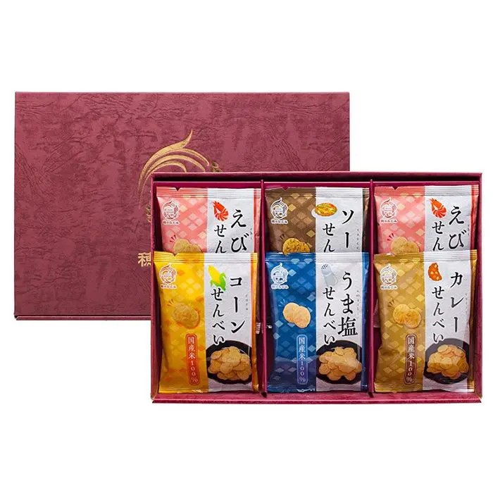 国産米を100％使用しカリッと口いっぱいに広がる香ばしいえびの風味で後引く旨さのえびせんべい、スイートコーンの甘さが引き立つ、香ばし醤油仕立てのコーンせんべい、せんべいの生地にあおさ海苔を練り込み磯の香り、ソースの旨み、酸味、懐かしさを堪能できる味に仕上げたソースせんべい、カリッと、シンプルな美味しさでお米を味わうあっさりうま塩せんべい、スパイシーなカレー風味で お米とカレーのゴールデンコンビのカレー。■内容量：えびせんべい15g×2、コーンせんべい・うま塩せんべい・ソースせんべい・カレーせんべい 各15g×1■アレルギー：乳・小麦・えび■保存方法：常温■賞味期限：お届け時点で150日以上■サイズ：188×309×40mm（パッケージサイズ）■JANコード：4951648013913販売期間：～2027年2月末商品終売や変更につきましては、1か月前にメルマガおよび新着情報にてご案内いたします。 ※やむを得ない事情により、事前のご案内なしで終売・変更となる場合もございます。あらかじめご了承ください。