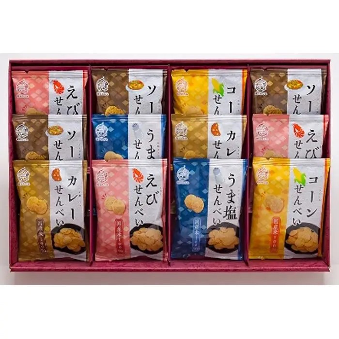 国産米を100％使用しカリッと口いっぱいに広がる香ばしいえびの風味で後引く旨さのえびせんべい、スイートコーンの甘さが引き立つ、香ばし醤油仕立てのコーンせんべい、せんべいの生地にあおさ海苔を練り込み磯の香り、ソースの旨み、酸味、懐かしさを堪能できる味に仕上げたソースせんべいなどをセットした米菓詰合せです。■内容量：えびせんべい:15g×3、コーンせんべい:15g×2、うま塩せんべい:15g×2、ソースせんべい:15g×3、カレーせんべい:15g×2■アレルギー：乳・小麦・えび■保存方法：常温■賞味期限：お届け時点で150日以上■サイズ：241×411×42mm（パッケージサイズ）■JANコード：4951648013944販売期間：～2027年2月末商品終売や変更につきましては、1か月前にメルマガおよび新着情報にてご案内いたします。 ※やむを得ない事情により、事前のご案内なしで終売・変更となる場合もございます。あらかじめご了承ください。