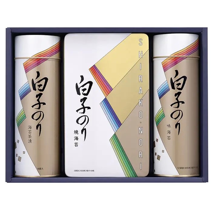 白子のりの独自技術により、のりに含まれる天然の栄養素をそこなうことなく、いつでも採れたての美味しさと品質を保持しています。■内容量：のり茶漬け（10袋）×1、焼のり（2切8枚2袋）×1、味のり（8切5枚12袋）×1■アレルギー：乳・小麦・えび■保存方法：常温■賞味期限：お届け時点で548日以上■サイズ：315×80×240mm（パッケージサイズ）■JANコード：4901673017318販売期間：～2027年2月末商品終売や変更につきましては、1か月前にメルマガおよび新着情報にてご案内いたします。 ※やむを得ない事情により、事前のご案内なしで終売・変更となる場合もございます。あらかじめご了承ください。