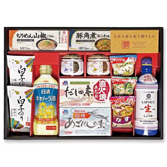 ごはんのお供やおかずとして大活躍の人気アイテムを揃えたもらって嬉しいギフトです。■内容量：キッコーマンしぼりたて生しょうゆ450ml×1個、キッコーマン混ぜごはんの素（豚角煮おこわ風（33g×2）・ちりめん山椒（27g×2）×各1個）、アマノフーズフリーズドライいつものおみそ汁（とうふ・なす・ほうれん草）×各1個、白子のり（8切5枚）×2個、マルハニチロ（鰹昆布・鶏そぼろ）各45g×1個、マルトモ（あごだしの素・直火焼だしの素）各（4g×10）×1個、日清キャノーラ油350g×1個■アレルギー：乳・小麦・えび■保存方法：常温■賞味期限：お届け時点で180日以上■サイズ：450×316×76mm（パッケージサイズ）■JANコード：4996971139350販売期間：～2027年2月末商品終売や変更につきましては、1か月前にメルマガおよび新着情報にてご案内いたします。 ※やむを得ない事情により、事前のご案内なしで終売・変更となる場合もございます。あらかじめご了承ください。