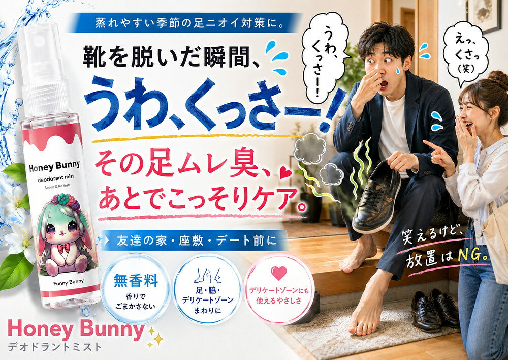 靴を脱ぐ瞬間の「ドキッ」を、ひと吹きでリセット。 【全身用 デオドラントミストFB (50ml / 無香料)】 「友達の家にお邪魔する時」「居酒屋の座敷に上がる時」「デートで靴を脱ぐ瞬間」…。急な場面で自分の足のニオイにヒヤッとした経験はありませんか？ そんな足ムレやニオイのコンプレックスを、こっそり・サッと解消できるお助けデオドラントミストです。ニオイが気になる足元やデリケートゾーン、脇など、全身にシュッとひと吹きするだけで爽やかにケア。強い香りでごまかさない「無香料」タイプなので、周りにケアしたことを気づかれにくく、ビジネスシーンや食事の席でも安心です。さらに、天然由来成分100％・無添加処方（パラベン・アルコールフリー）を採用。足の指の間など、ムレて敏感になりやすいお肌にもやさしくお使いいただけます。 ニオイの悩みを解消する4つのポイント 1. 持ち運べる「こっそりケア」の必需品 バッグやポーチに忍ばせやすいコンパクトな50mlサイズ。外回りや会議の前、デートの待ち合わせ前など、気になった瞬間にサッとひと吹きでリセットできます。 2. バレない、邪魔しない「無香料」 ニオイを強い香りで上書きするのではなく、スッキリとケア。食事の席（座敷）でも香害にならず、普段お使いの香水の香りも邪魔しません。 3. 足からデリケートゾーンまで全身対応 ムレやすい足元はもちろん、脇汗やデリケートゾーンまわりのニオイケアにも使用可能。これ1本で全身のエチケット対策が完了します。 4. 肌をいたわる天然由来成分100％・無添加 パラベン、アルコール、合成着色料フリー。6種の植物成分（チャ葉エキスなど）が、ムレて荒れがちな肌をやさしく整え、清潔感を保ちます。 【製品仕様】 商品名デオドラントミスト FB （全身用ローション） 内容量50mL 香り無香料 特徴天然由来成分100%、無添加処方（パラベン・アルコールフリー）、6種の植物成分配合 使用可能箇所足、脇、デリケートゾーンまわりなど全身 生産国日本（MADE IN JAPAN） 用途足ムレ・ニオイ対策、エチケット、全身のスキンケア ■ 配送・梱包についてのご案内 本商品は中身が分からないよう、プライバシーに配慮した丁寧な梱包にて発送いたします。ご家族や同居人にも気付かれずにお受け取りいただけます。 【関連キーワード（検索用）】 デオドラントミスト, デオドラントスプレー, 消臭スプレー, 足のニオイ, 足の臭い, 足ムレ, ムレ臭, デリケートゾーン, 脇汗, エチケット, 無香料, 無添加, 天然由来成分, 携帯用, 持ち運び, 座敷, デート前, メンズ, レディース, 男女兼用, 日本製, スキンケア【敏感肌にも】やさしい全身用デオドラント 1. 敏感肌のことを考えた無添加処方 肌への刺激になりやすいパラベン、アルコール、合成着色料は一切不使用。これまで色々なアイテムが合わなかった方や、スプレーのヒリヒリ感が苦手な方にもお使いいただけるやさしい設計です。 2. 天然由来成分100%・植物のチカラ カリン果実水やチャ葉エキスなど、6種の厳選された植物成分を配合。ニオイをケアしながら、お肌のバランスを健やかに整えます。 【足のニオイ対策】全身用デオドラント 1. 靴を脱ぐ瞬間の「ドキッ」を解消 友達の家、居酒屋の座敷、デート前など。足のニオイが気になる瞬間に、サッとひと吹きするだけでムレやニオイをリセットします。 2. 周りにバレない「無香料」 強い香りでごまかさない無香料タイプ。食事の席でも香害にならず、こっそりエチケットケアが可能です。 3. 肌にやさしい天然由来成分100% 足の指の間やデリケートゾーンなど、ムレて敏感になりやすいお肌にも配慮。パラベン・アルコール不使用の無添加処方で、やさしく清潔感を保ちます。 【製品仕様】 ・商品名：デオドラントミスト FB ・内容量：50mL ・香り：無香料 ・特徴：天然由来成分100%、無添加処方（アルコールフリー） ・使用箇所：足、脇、デリケートゾーンまわりなど全身 ・生産国：日本製 ■ 配送・梱包についてのご案内 中身が分からないよう、プライバシーに配慮した丁寧な梱包で発送いたします。ご家族にも気付かれず安心です。 【関連キーワード】 デオドラント, 消臭スプレー, 足のニオイ, 足ムレ, 足裏, デリケートゾーン, 脇, 無香料, 無添加, 天然由来, エチケット, 携帯用, メンズ, レディース, 座敷, デート前