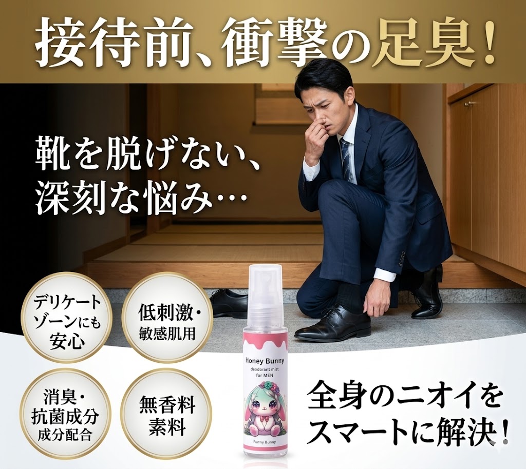 そのニオイ、評価を落としていませんか？ 【大人の身だしなみ デオドラントミストFB (50ml/無香料)】 「もしかして、自分も臭っているのでは…？」ビジネスシーンや公共の場において、自身のニオイは目に見えない評価の対象です。部下や同僚は決して直接指摘してくれません。 年齢を重ねるにつれて生じる特有のニオイや、外回り後の汗臭、接待で座敷に上がる際の足ムレ臭。これらは第一印象を大きく損ない、時には「スメルハラスメント」として職場での信頼や出世にまで見えない悪影響を及ぼす社会的な問題となっています。特にグローバルなビジネスシーンにおいて、ニオイのエチケットは最低限の常識です。 本製品は、そんな大人の男性の深刻な悩みをサッと解決する全身用デオドラントミスト。気休めの香水でニオイをごまかすのではなく、「無香料」で清潔な状態へとリセットします。商談前や接待前、鞄に忍ばせたこの1本が、あなたの品格と自信を守る最強のビジネスツールになります。 品格を守る、大人のエチケット4つの理由 1. 香害にならない「完全無香料」 強い香水やデオドラント剤の香りは、ビジネスにおいて逆効果（香害）になることも。ニオイをごまかさずクリーンに整える無香料仕様です。 2. 年齢特有のニオイ・足ムレを全身ケア 耳の裏や首筋、脇、そして居酒屋の座敷で致命傷となる「足のニオイ」やデリケートな部位まで。これ1本で全身のあらゆるニオイ悩みに対応します。 3. 重要な場面でサッと使える携帯性 スーツの内ポケットやビジネスバッグに収まる50mlのコンパクトサイズ。会議前、エレベーターに乗る前、取引先への訪問前にこっそりリセットできます。 4. 肌をいたわる天然由来成分100％・無添加 パラベン、アルコール不使用。厳選された6種の植物成分（チャ葉エキス等）が、肌をケアしながら清潔感をキープ。毎日の使用でも肌に負担をかけません。 【製品仕様】 商品名デオドラントミスト FB （全身用ローション） 内容量50mL 香り無香料（香水等の香りを邪魔しません） 特徴天然由来成分100%、無添加処方（パラベン・アルコールフリー）、6種の植物成分配合 使用可能箇所首筋、耳の裏、脇、足、デリケートゾーンまわりなど全身 生産国日本（MADE IN JAPAN） 用途スメルハラスメント対策、加齢・汗・足ムレのニオイケア、ビジネスエチケット ■ 配送・梱包についてのご案内 本商品は中身が分からないよう、プライバシーに配慮した丁寧な梱包にて発送いたします。ご家族や同僚に気付かれずにお受け取りいただけます。 【関連キーワード（検索用）】 デオドラントミスト, デオドラントスプレー, 消臭スプレー, スメハラ, スメルハラスメント, 加齢臭, 足のニオイ, 足ムレ, 脇汗, 耳の裏, ニオイケア, デリケートゾーン, 無香料, 無添加, 天然由来成分, エチケット, ビジネスマン, 接待, 座敷, 商談前, 携帯用, メンズ, 男性, 全身用, 日本製【大人のエチケット】全身用デオドラント 1. 見えない「スメハラ」を防ぐ 部下や取引先は決して直接指摘してくれません。自身のニオイが評価を下げる前に、商談前や接待の座敷前など、気になった瞬間にサッとひと吹きで清潔感をリセットします。 2. 香害にならない「無香料」 ビジネスシーンや公共の場において、強い香水やデオドラント剤の香りは逆効果。香りでごまかさずクリーンに整える無香料仕様で、グローバルな基準のエチケットを守ります。 3. 年齢特有のニオイも全身ケア 耳の裏や首筋、足ムレ、脇、デリケートな部位まで。天然由来成分100%・アルコールフリーのやさしい処方で、全身のあらゆるニオイ悩みに対応します。 【製品仕様】 ・商品名：デオドラントミスト FB ・内容量：50mL ・香り：無香料 ・特徴：天然由来成分100%、無添加処方（アルコールフリー） ・使用箇所：首筋、足、脇、デリケートゾーンまわりなど全身 ・生産国：日本製 ■ 配送・梱包についてのご案内 中身が分からないよう、プライバシーに配慮した丁寧な梱包で発送いたします。ご家族や同僚にも気付かれず安心です。 【関連キーワード】 デオドラント, 消臭スプレー, スメハラ, 加齢臭, 足のニオイ, 脇汗, 無香料, 無添加, 天然由来, エチケット, ビジネスマン, 接待, 携帯用, メンズ, 男性