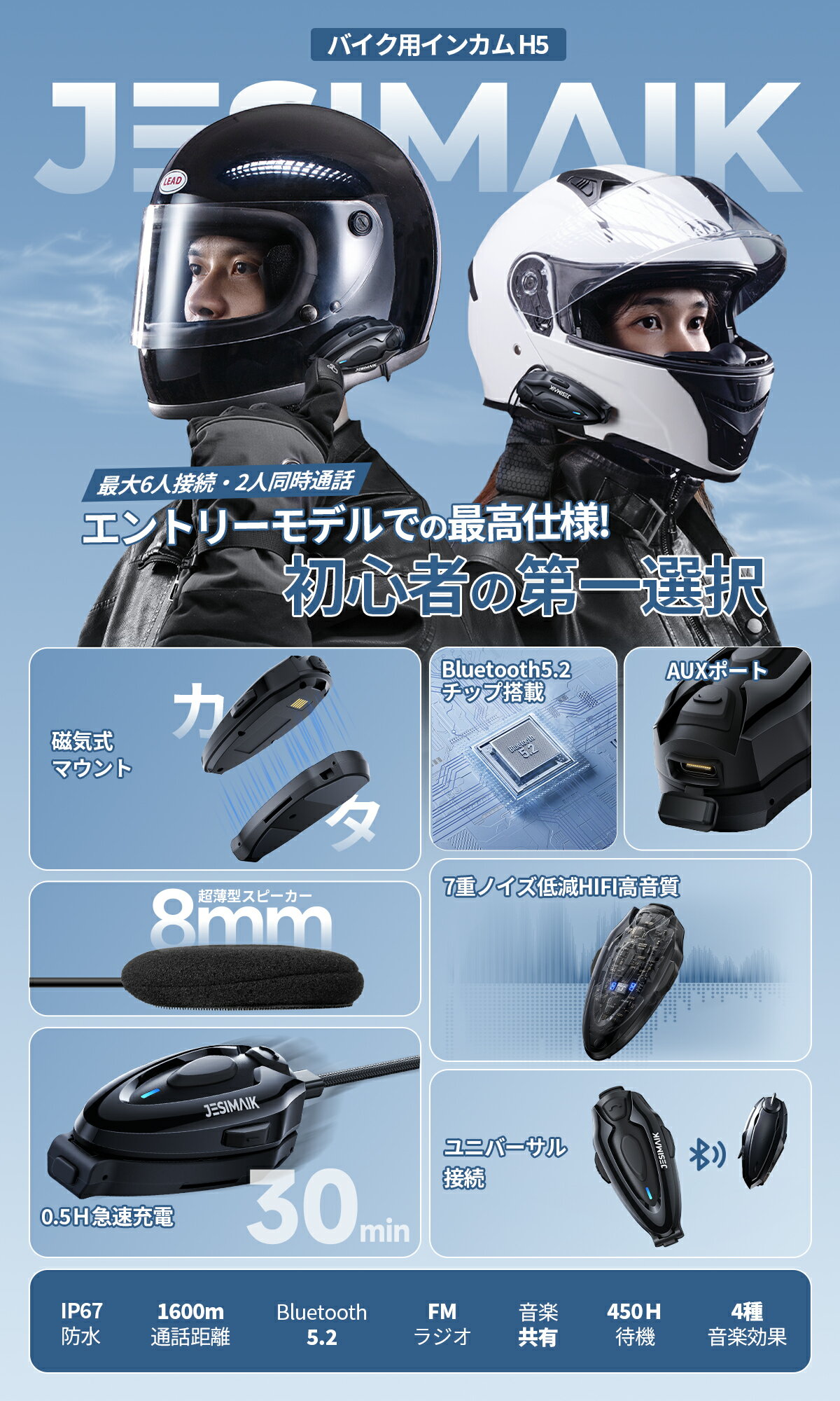 2026新発売 JESIMAIK バイク インカム 最大6人接続 2人通話モデル 通信距離1600m 磁気式マウント 超薄型 AUX対応 音楽ナビ同時使用 Bluetooth 5.2 薄型8mmスピーカー Hi-Fi高音質 IP67防水 ユニバーサル 40分急速充電 H5 2