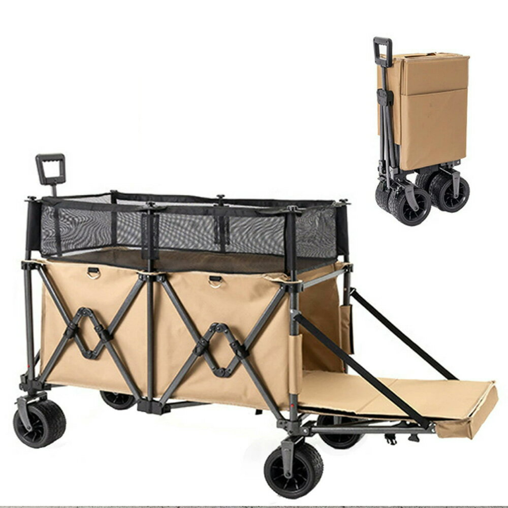 【2/25~02/28 6%OFFクーポン配布中】Fengzel Outdoor 長物対応 後ろ開け アウトドアワゴン キャリーカート 300L膨大容量 耐荷重250kg 360度回転 ロック装置 タイヤ 容量増大メッシュカゴ付き 引き押し2WAY コンパクト収束式 キャリーワゴン