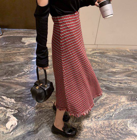 【一部即納】ロングスカート スカート レディース ボトムス チェック柄 Aライン ニット スカート フリンジ ロング丈 ミモレ丈 大きいサイズ 秋冬新作 秋冬 秋色 秋服 秋冬sale ロングスカート