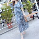 【取寄】ワンピース 夏 レディース ロング きれいめ ゆったり リゾート 大きいサイズ 半袖ワンピース Vネック ハイウエスト 花柄 総柄 シフォン おしゃれ 大人女子 デイリー お出かけ エレガント 韓国 通勤 通学 デート 女子会 買い物 お呼ばれ パーティー 20代 30代 40代(4)