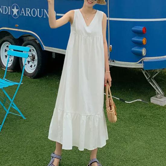 【取寄】ロングワンピース 夏 レディース きれいめ ナチュラル 無地 シンプル リゾートワンピース ワンピース ノースリーブワンピース ノースリーブ Vネック フリル ゆったり コットンリネン 綿麻 カジュアル お出かけ おしゃれ 大人カジュアル 大きいサイズ XL 白 白ワンピ