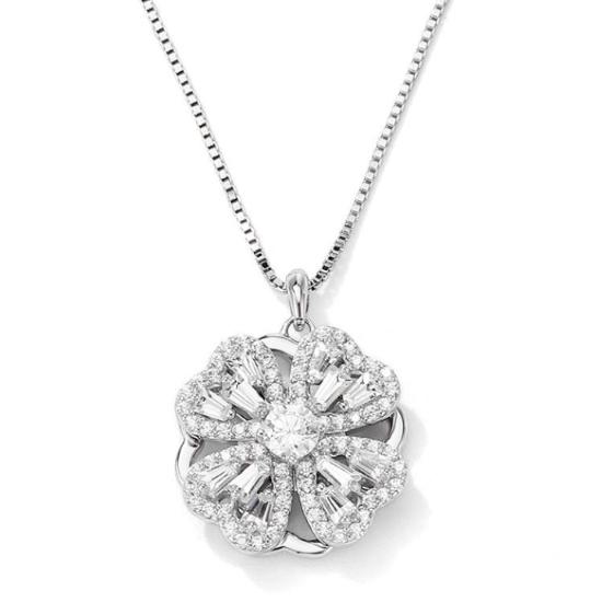 Rhinestone - 【取寄】ネックレス アクセサリー ペンダント レディース 新作 四葉のクローバー ラインストーン きらきら 回転可能 ハート フラワーモチーフ 花 きれいめ エレガント おしゃれ お呼ばれ パーティー 細チェーン 大人可愛い 上品 ゴージャス フェミニン シルバーワンサイズ