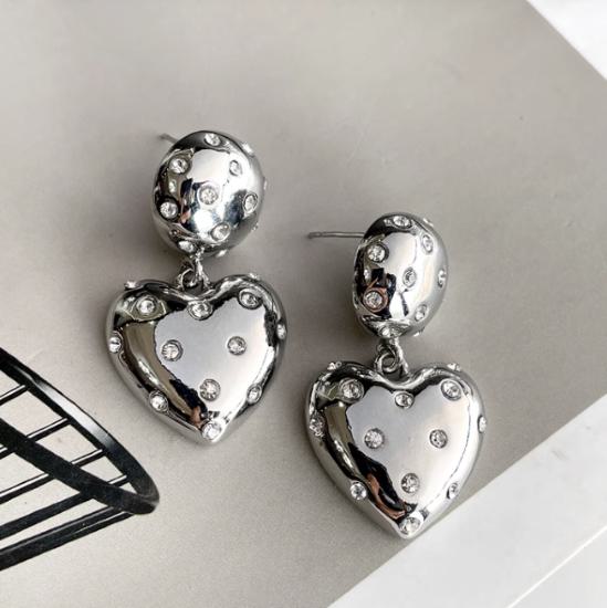 Rhinestone - 【取寄】ハートピアス スタッド ハート ラインストーン ゴールド シルバー 925 チェーン レディース 大人 ピアス キャッチ シンプル きれいめ カジュアル かわいい おしゃれ かわいい 大ぶり ぶら下がり 垂れ下がり 揺れる ブランド 誕生日 プレゼント アクセサリー 韓国