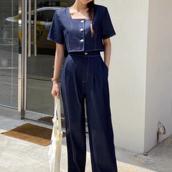 【取寄】セットアップ レディース カジュアル 夏 上下セット デニム 2点セット ツーピース クロップド丈 ショート丈 半袖 スクエアネック フロントボタン ボトムス ワイドパンツ 長ズボン ハイウエスト 無地 可愛い おしゃれ オトナ女子 カジュアル デイリー お出かけ 韓国