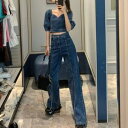 【取寄】デニムセットアップ デニム トップス ブラウス パフスリーブ ジーンズ ワイド フレア パンツ Gパン 2点セット 上下 半袖 五分袖 ロング レディース 春 夏 カジュアル おしゃれ かわいい 大きいサイズ 体型カバー ハイウエスト へそ出し 人気 トレンド Y2K 韓国 S~L