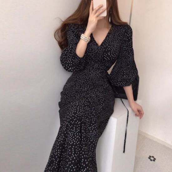 Long-Sleeved - 【取寄】ロングワンピース ワンピース ドット 水玉 総柄 ランタンスリーブ レディース 春 夏 長袖 Vネック カジュアル かわいい おしゃれ フェミニン きれいめ 大きいサイズ 体型カバー ゆったり シンプル 薄手 人気 韓国 オフィス 通勤 通学 モノトーン ブラック 黒 M〜XL