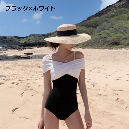 【取寄】ワンピース水着 オフショルダー クロス 肩紐 レディース 大人 夏 袖あり 半袖 体型カバー 大きいサイズ モノキニ シンプル 無地 盛れる お洒落 可愛い きれいめ セクシー 着痩せ ママ 水着 海 ビーチ プール 旅行 リゾート お腹 お尻 露出控えめ ブラック 黒 M L XL