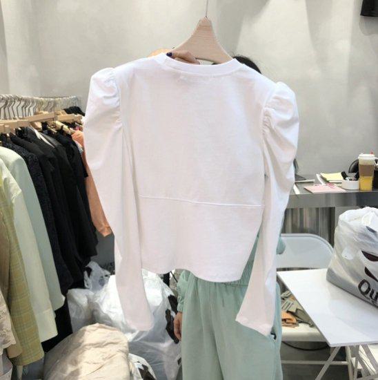 Rakuten - 【取寄】ロンT レディース シャツ 長袖 トップス 無地 シンプル パフスリーブ ショート丈 ラウンドネック 春 丸首 フェミニン パワーショルダー 着痩せ パワショル 大きいサイズ XL 白 ホワイト 黒 ブラック イエロー かわいい 大人可愛い フェミニン 合わせやすい おしゃれ