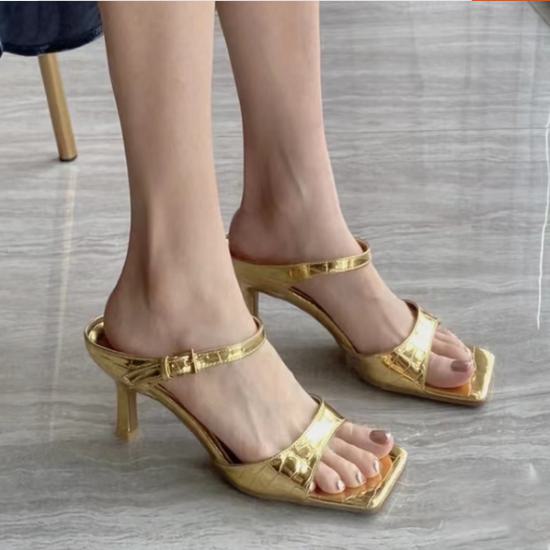 【取寄】ストラップサンダル ミュール ストラップ スクエアトゥ レディース ピンヒール 春 夏 秋 大きいサイズ カジュアル おしゃれ きれいめ かわいい シンプル 無地 ヒール 6cm 履きやすい 歩きやすい パーティー ゴールド シルバー ピンク ホワイト 白 22.5cm〜24.5cm