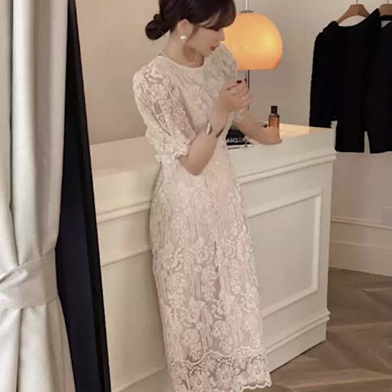 乐天商城 - 【取寄】ドレス 結婚式 大人 大きいサイズ 4XL ワンピース 総レース フスリーブ ラウンドネック 刺繍 ミモレ丈 ハイウエスト 発表会 演奏会 レディース ステージ衣装 エレガント カラードレス イブニングドレス フォーマル リボン 披露宴 二次会 謝恩会 半袖 パーティドレス
