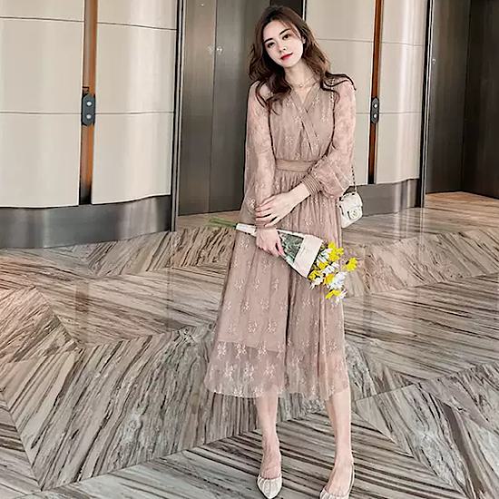 【取寄】ドレス 結婚式 大きいサイズ 2XL 大人 ピアノ 発表会 ワンピース 結婚式ドレス Vネック レース 長袖 刺繍 ミモレ丈 ハイウエスト 発表会 演奏会 レディース エレガント カラードレス イブニングドレス 透け感 お呼ばれ 二次会 Vネック フレアワンピース フレア 上品