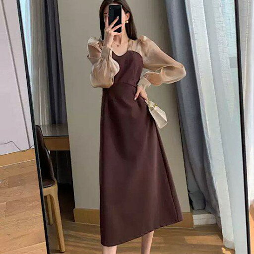 【取寄】パーティードレス ドッキング ロング ワンピース Aライン 異素材 切替え ミモレ丈 シースルー レディース 袖あり 長袖 おしゃれ かわいい きれいめ 結婚式 二次会 セレモニー パーティー フォーマル お呼ばれ 体型カバー 低身長 ママ 透け感 韓国 ブラウン S〜XL 【取寄】パーティードレス ドッキング ロング ワンピース Aライン 異素材 切替え ミモレ丈 シースルー レディース 袖あり 長袖 おしゃれ かわいい きれいめ 結婚式 二次会 セレモニー パーティー フォーマル お呼ばれ 体型カバー 低身長 ママ 透け感 韓国 ブラウン S〜XL