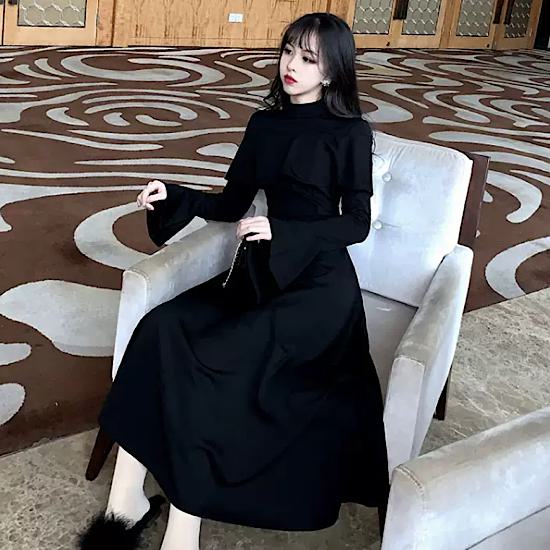 【取寄】パーティードレス ワンピース フリル ラッフル ベルスリーブ フレア Aライン ボトルネック 襟有り レディース 春 秋 袖あり 長袖 ミモレ おしゃれ きれいめ エレガント 上品 シンプル 無地 フォーマル パーティー 結婚式 二次会 大きいサイズ 韓国 黒 ブラック S~2XL