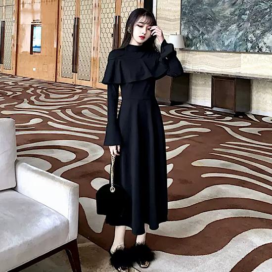 【取寄】パーティードレス ワンピース フリル ラッフル ベルスリーブ フレア Aライン ボトルネック 襟有り レディース 春 秋 袖あり 長袖 ミモレ おしゃれ きれいめ エレガント 上品 シンプル 無地 フォーマル パーティー 結婚式 二次会 大きいサイズ 韓国 黒 ブラック S~2XL