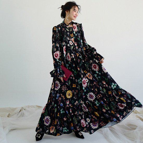 【取寄】ワンピース レディース ロング 長袖 秋 冬 きれいめ マキシ丈 大きいサイズ ゆったり 体型カバー 楽ちん 花柄 総柄 華やか フェミニン ガーリー おしゃれ オトナ女子 きれいめ カジュアル デイリー お出かけ 韓国 通勤 通学 デート 女子会 買い物 お呼ばれ ブラック