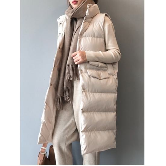Rakuten - 【取寄】ダウンベスト ロングベスト 大きいサイズ ゆったりサイズ 体形カバー レディース 秋冬服 新作 羽織 アウター ダウン ロング丈 ベスト シンプル 無地 ノースリーブ スタンドカラー 暖かい カジュアル お出掛け アウトドア おしゃれ ブルー ブラック アプリコット M L