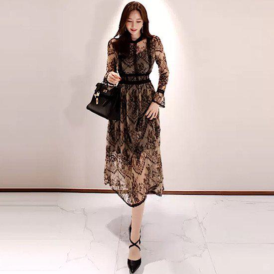 【取寄】ドレス レディース ワンピース 結婚式 大人 ピアノ 発表会 ロング 長袖 大きいサイズ 刺繍 レース シースルー ラウンドネック フレア パーティー お呼ばれ 二次会 食事会 披露宴 おしゃれ きれいめ 大人 フェミニン エレガント フォーマル 20代 30代 40代 ブラック