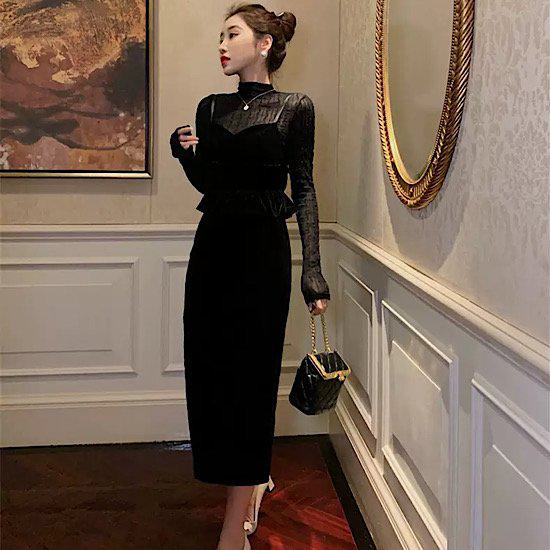 【取寄】ドレス 結婚式 大人 発表会 ピアノ 大きいサイズ ロング ミモレ丈 長袖 シースルー ハイネック ベルベット 体型カバー スリム バックスリット パーティー お呼ばれ 二次会 食事会 おしゃれ きれいめ オトナ女子 フェミニン エレガント お出かけ フォーマル ブラック