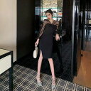 【取寄】ドレス 結婚式 大人 発表会 ピアノ ひざ丈 長袖 メッシュ Vネック ドット柄 サイドスリット パフスリーブ シースルー リボン パーティー お呼ばれ 二次会 食事会 おしゃれ きれいめ オトナ女子 フェミニン エレガント お出かけ フォーマル 可愛い キュート ブラック(4)