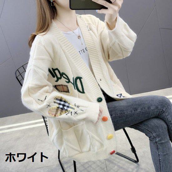 【取寄】カーディガン レディース 秋 ニットカーディガン ニット アウター 大きいサイズ XL 長袖 パッチワーク ホワイト ピンク レッド..