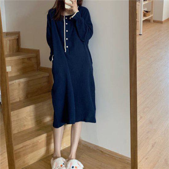 Underwear, Sleepwear - 【取寄】ルームウェア レディース ワンピース 可愛い 長袖 パジャマ ナイトウェア 寝巻き 部屋着 おうち服 ミドル丈 ナチュラル レース ボタン シンプル 無地 コットン ゆったり ガーリー おしゃれ 大人女子 キュート 韓国 カジュアル デイリー 旅行 お泊り 20代 30代 40代