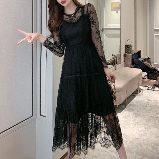 【取寄】演奏会ドレス ピアノ 演奏会 ドレス 演奏会用 ロングドレス 大きいサイズ 袖あり 黒 発表会 新作 ロング パーティードレス 長袖ドレス 長袖 総レースドレス ビスチェ風 ワンピース レースワンピ レース シースルー おしゃれ きれいめ 上品 かわいい 大人可愛い