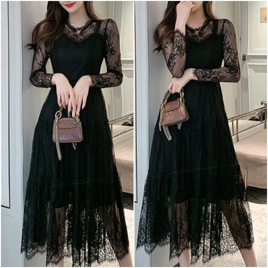 【取寄】演奏会ドレス ピアノ 演奏会 ドレス 演奏会用 ロングドレス 大きいサイズ 袖あり 黒 発表会 新作 ロング パーティードレス 長袖ドレス 長袖 総レースドレス ビスチェ風 ワンピース レースワンピ レース シースルー おしゃれ きれいめ 上品 かわいい 大人可愛い