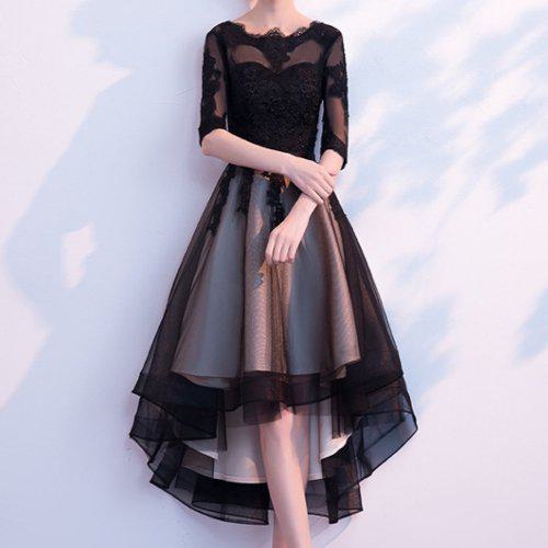 【取寄】演奏会 ドレス 演奏会用ドレス 結婚式 発表会 披露宴 ステージドレス 大きいサイズ 大きめ 小さいサイズ 3XL フォーマルドレス パーティードレス フィッシュテール レース レースアップ 上品 きれいめ 七分袖 大人 大人可愛い シースルー リボン 黒 刺繍 背中見せ