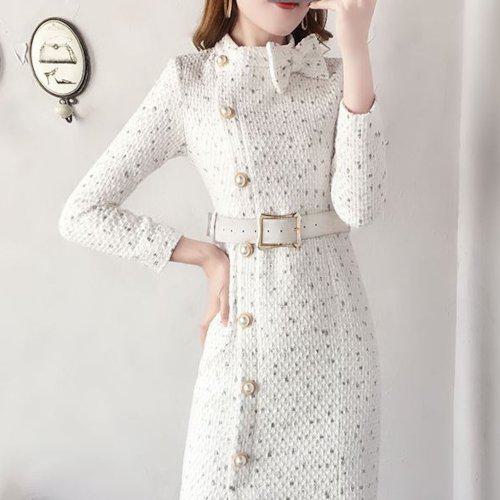 【取寄】パーティードレス 大きいサイズ 冬 長袖 結婚式 パーティー お呼ばれ 同窓会 謝恩会 発表会 女子会 他と被らない ツイード フォーマル タイトワンピース リボン パール 膝上 エレガント 上品 きれいめ 大人 かわいい ベルト 春 秋 20代 30代 S M L XL 2XL ホワイト