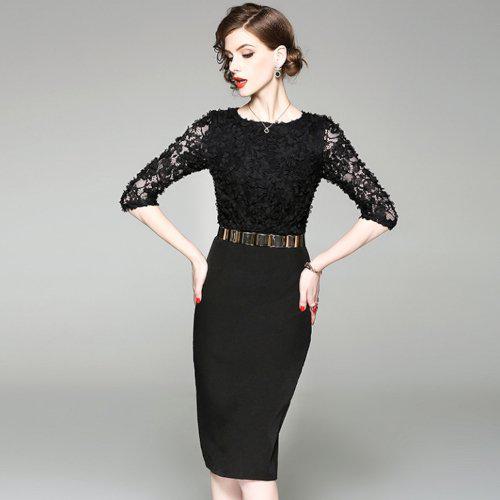 【取寄】パーティードレス 大きいサイズ 冬 秋冬 結婚式 二次会 発表会 同窓会 謝恩会 お呼ばれ パーティー ミモレ丈 ひざ丈 黒 タイト フラワーモチーフ 花 五分袖 きれいめ フェミニン レディース 他と被らない ミセス 20代 30代 40代 S M L XL ブラック グリーン レッド