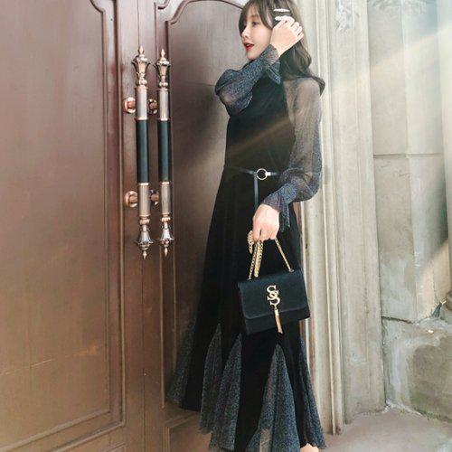 【取寄】パーティードレス 冬 大きいサイズ ロング 長袖 結婚式 二次会 お呼ばれ パーティー 同窓会 デート 女子会 ミモレ丈 黒 異素材 グリッター ラメ ベルベット フリル エレガント シースルー 透け感 シアー 上品 きれいめ 他と被らない 20代 30代 S M L XL ブラック