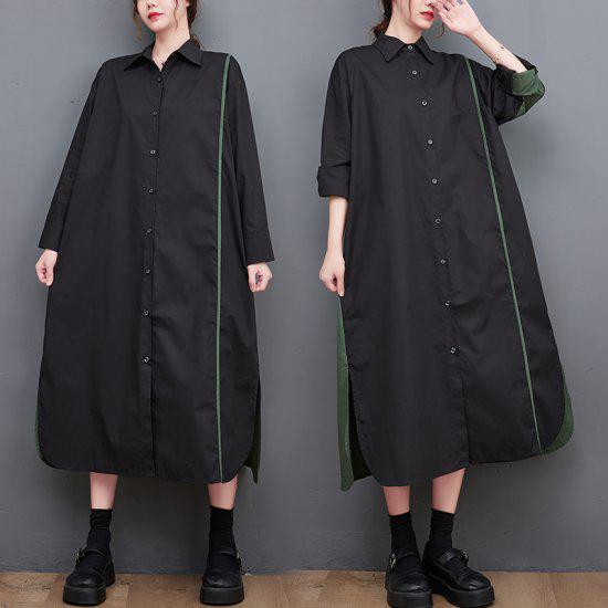 Rakuten - 【取寄】シャツワンピース ロングワンピース マキシ丈ワンピース ゆったりサイズ 体形カバー レディース 春秋服 新作 長袖ワンピース シャツワンピ コントラストカラー シンプル ライン フロントボタン 襟あり カジュアル おしゃれ お出掛け シック 個性 ブラック ワンサイズ